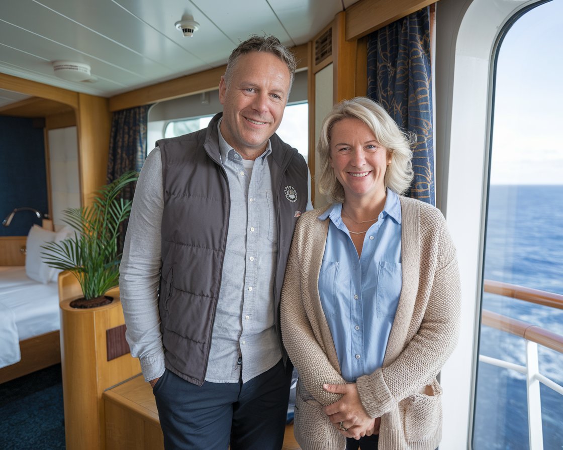 Mid aged man and lady. Dressed very casual. in a cabin on a MSC cruise ship.