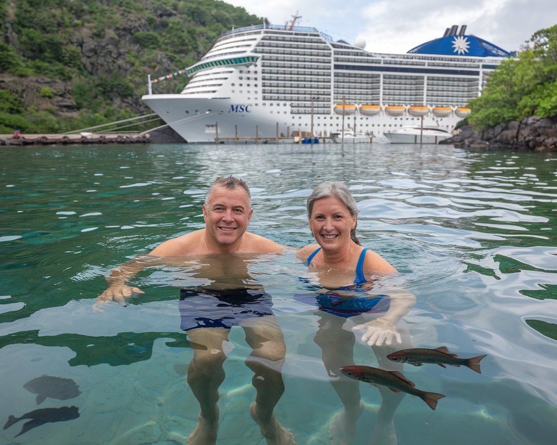 Mid aged man and lady.Swimming in crystal clear water. MSC cruise ship in the background.