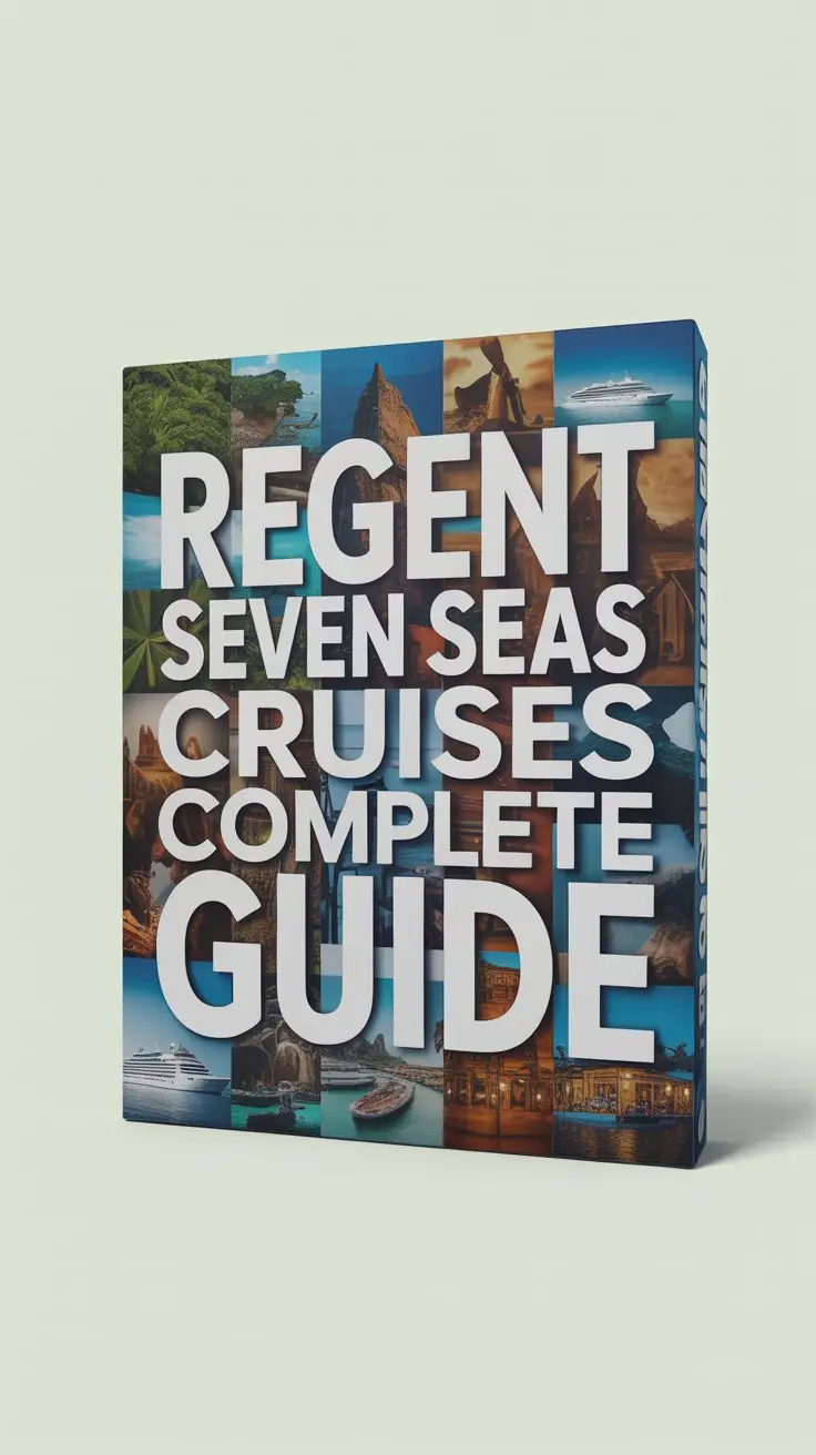 A bold, attention-grabbing product advertisement for Regent Seven Seas Cruises utilizes a vibrant collage of destination imagery—lush rainforests, ancient ruins, bustling marketplaces, and serene beaches—arranged around a central, large box. The box prominently displays the text "Regent Seven Seas Cruises Complete Guide" in thick, bold white lettering, ensuring maximum visibility against the diverse backdrop and suggesting exploration and discovery. Soft, diffused lighting highlights the richness of the collage’s colors and textures, creating a luxurious and inviting aesthetic while maintaining a clean and modern design with a subtle gradient background. The overall mood evokes a sense of adventure and sophisticated travel, communicating the brand's promise of immersive and all-inclusive experiences without showing a cruise ship.