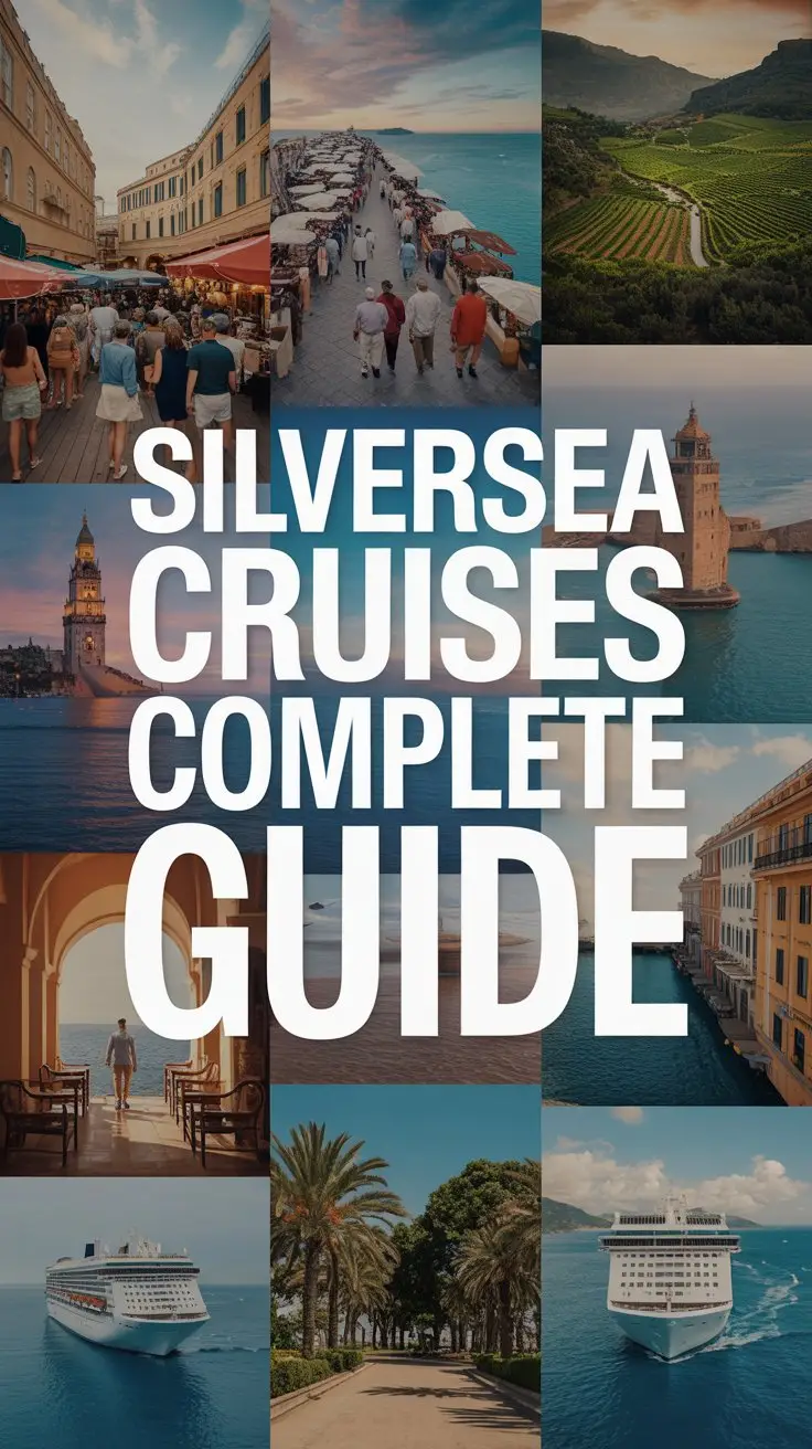 A vibrant, collage-style advertisement for Silversea Cruises showcases a curated collection of luxury travel experiences, avoiding a direct image of a cruise ship. The composition features breathtaking photographs of exotic destinations – a bustling Moroccan market, a serene Tuscan vineyard, a pristine Balinese beach – seamlessly interwoven to evoke a sense of global exploration and refined adventure. Dominating the visual is a large, bold white box containing the text "Silversea Cruises Complete Guide" in thick, distinctive lettering, designed to command attention and highlight the brand’s comprehensive travel resources. The overall aesthetic is luxurious and aspirational, utilizing a warm color palette and dynamic layout to communicate Silversea’s promise of unparalleled journeys and effortless elegance, ensuring a sophisticated and engaging advertising experience.
