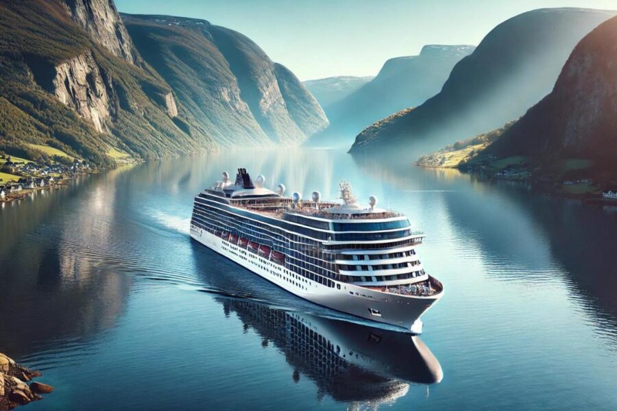 Viking cruise ship sailing through a serene, picturesque fjord.