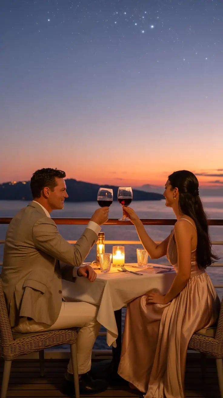 A photograph of two elegantly dressed tourists enjoying an al fresco dinner on the deck of a luxurious cruise ship. The couple, a man in a tailored linen suit and a woman in a flowing silk dress, are seated at a table adorned with white linen and flickering candlelight, each holding a glass of deep ruby red wine. Behind them, the Mediterranean Sea stretches out under a breathtaking sunset, painting the sky with hues of orange, pink, and purple, while twinkling stars begin to appear above. Warm, golden light illuminates the scene, casting long shadows and creating a romantic and intimate atmosphere.
