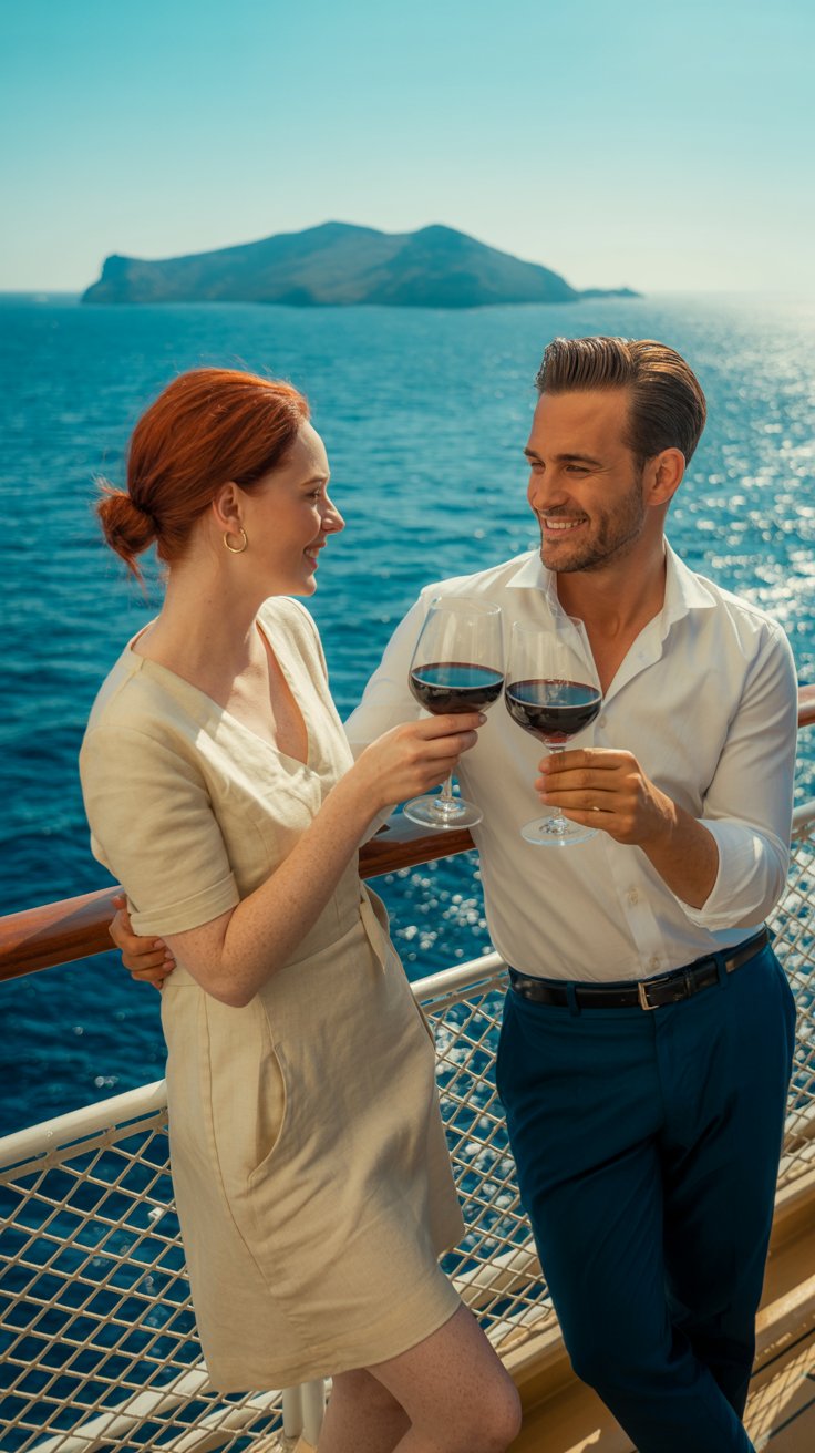 A photograph of two elegantly dressed tourists enjoying a glass of red wine on the deck of a luxury cruise ship. The woman has auburn hair pulled back in a bun and wears a cream-colored linen dress, while the man is in a crisp white shirt and navy blue trousers, both smiling warmly at each other. Behind them, the vast turquoise ocean stretches towards the horizon, with a distant island shimmering in the bright sunlight. The scene is bathed in warm, golden light, creating a sense of relaxed indulgence and a carefree atmosphere.