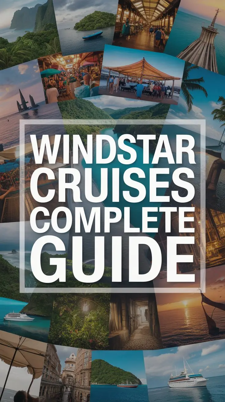 A visually striking product advertisement for Windstar Cruises featuring a dynamic collage of vibrant travel photography—lush rainforests, bustling local markets, serene beaches, and charming historical architecture—arranged in an organic, layered composition. The imagery is bathed in warm, natural light, creating a sense of adventure and discovery, with each scene subtly hinting at unique destinations and immersive experiences. Overlaying this vibrant scene is a large, bold white box containing the text "Windstar Cruises Complete Guide" in a thick, modern typeface, instantly capturing attention and establishing the advertisement's purpose, with a subtle gradient on the box to add depth and a premium feel. The overall aesthetic is sophisticated and aspirational, conveying a sense of authentic exploration and luxury travel, designed to evoke wanderlust and encourage viewers to delve deeper into Windstar's offerings.