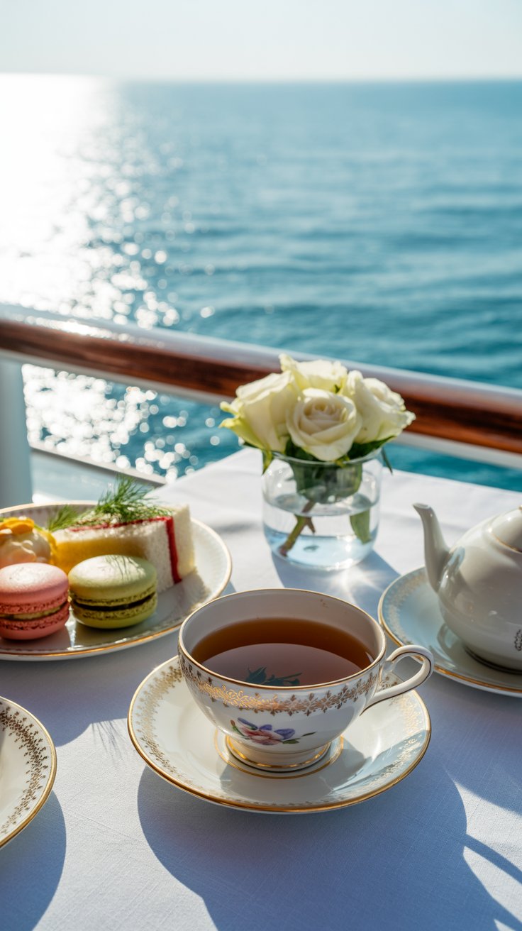 A photograph of an elegantly set table for high tea on the deck of a luxury cruise ship. A delicate porcelain teacup filled with steaming Earl Grey tea sits beside a plate of colorful macarons and finger sandwiches with cucumber and dill. The table is draped with a crisp white linen tablecloth and adorned with a small vase of white roses, while in the background, the vast expanse of the shimmering turquoise ocean stretches towards the horizon under a bright, sunny sky. Soft, diffused sunlight illuminates the scene, creating a tranquil and luxurious atmosphere.