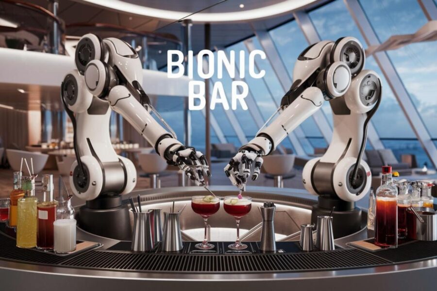 2 Robot arms making drinks at a bar on the Symphony of the Seas cruise ship