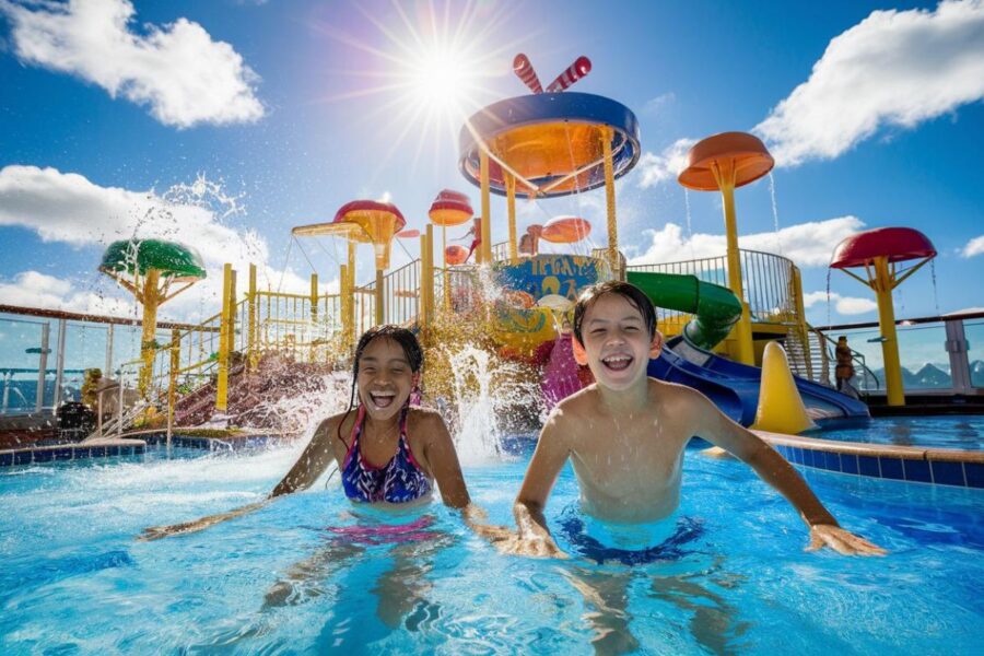 2 kids at Splashaway Bay is a colourful water park with slides, water cannons, fountains on Symphony Of The Seas cruise ship
