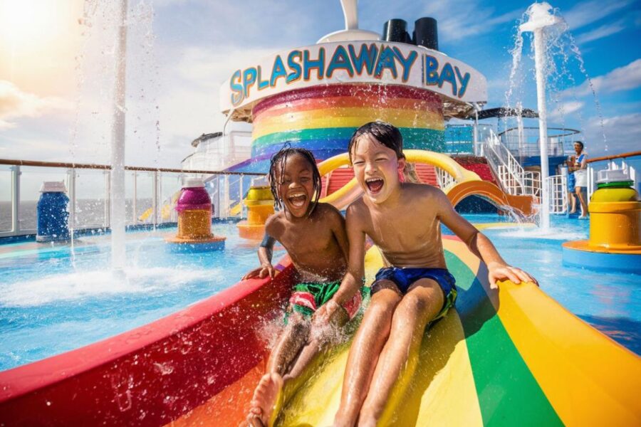 2 kids on Splashaway Bay on Symphony of the Seas cruise ship