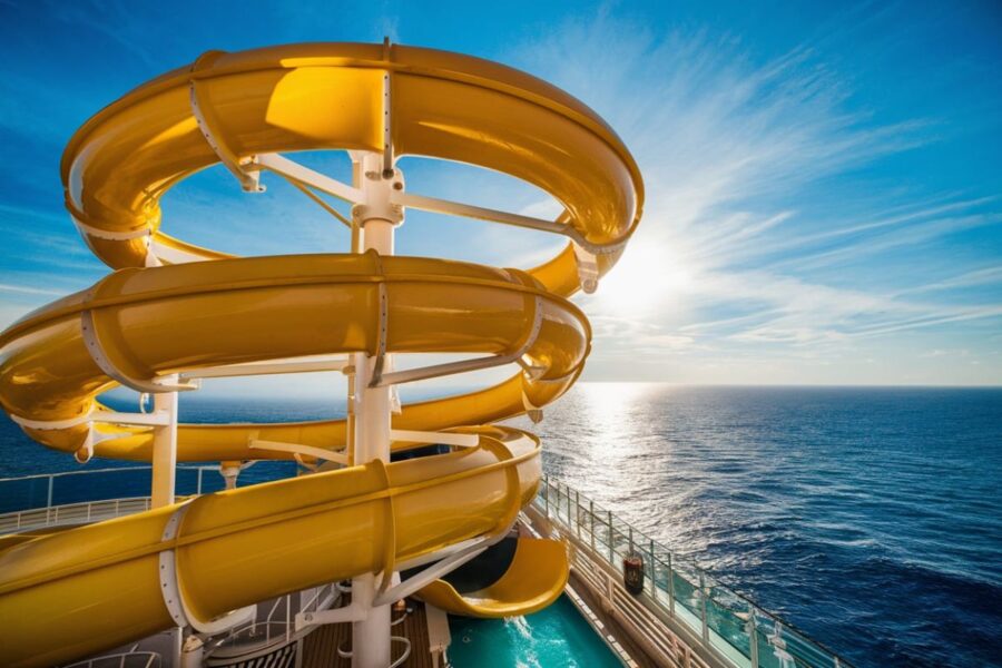 A spiraling, twisted tube water slide in bright yellow. The background shows a magnificent blue ocean