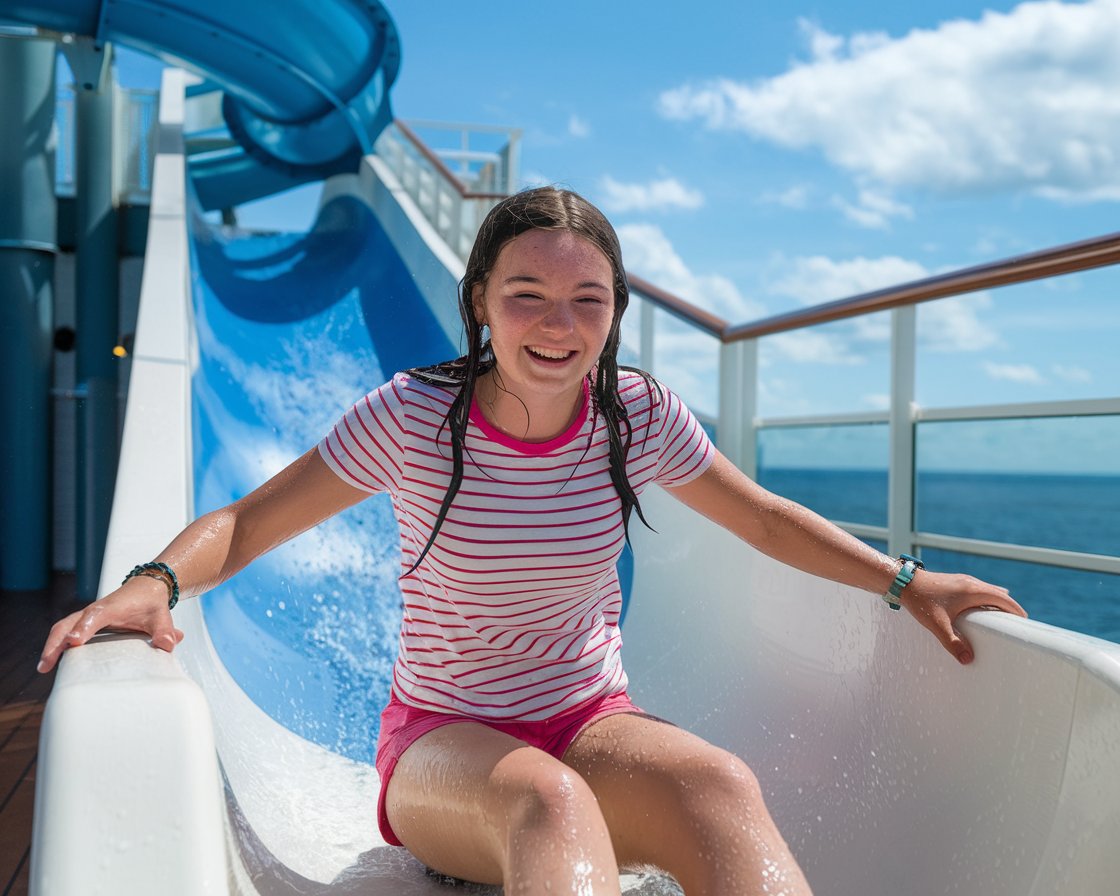 A teenager on a water slide on a NCL cruise ship,