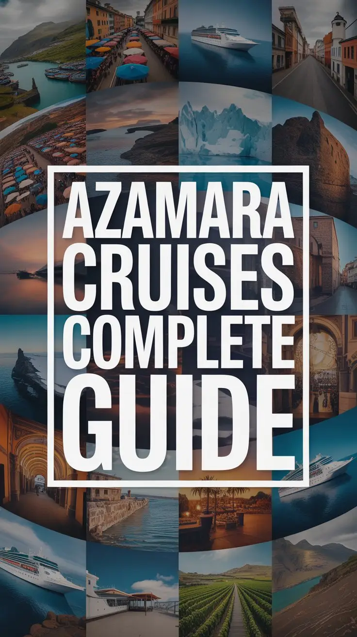 A striking conceptual advertisement for Azamara Cruises featuring a dynamic collage of destination imagery – think bustling Moroccan markets, serene Icelandic glaciers, and vibrant Italian vineyards – artfully arranged around a central, bold white box. Inside the box, the large text overlay reads “Azamara Cruises Complete Guide” in a thick, sans-serif font designed for immediate impact, ensuring maximum visibility against the backdrop of diverse global scenes. The collage utilizes a warm, slightly desaturated color palette to evoke a sense of wanderlust and sophisticated exploration, while subtle vignette effects draw focus to the central text and reinforce a premium travel brand identity. Overall, the ad conveys a feeling of immersive discovery and curated experiences, emphasizing the depth of Azamara’s offerings without showing a traditional cruise ship image.