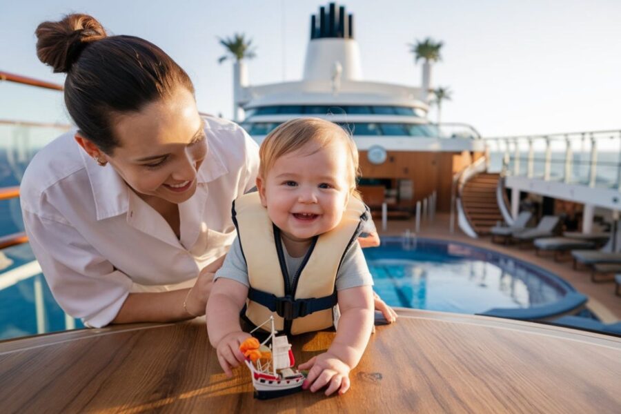 Baby sitting and a child on a family cruise ship