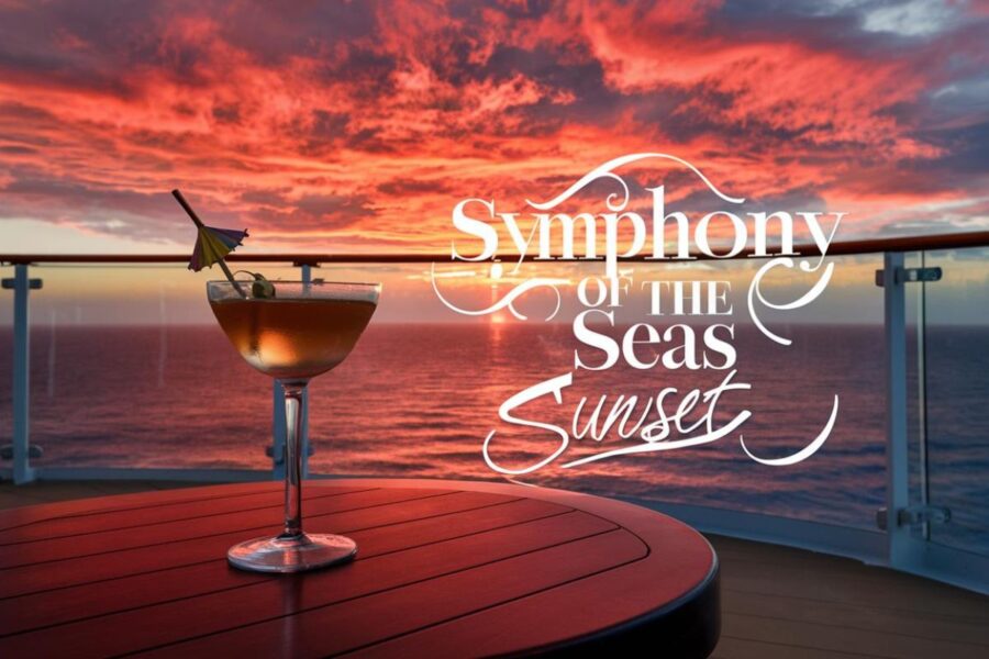 Beautiful sunset with a cocktail glass on Symphony of the Seas cruise ship