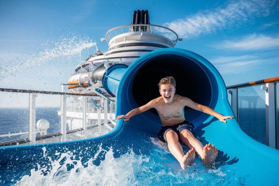 Boy coming out of the DrainPipe water slide on a Carnival cruise ship