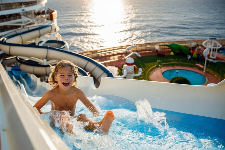 Boy going down backwards on a Carnival cruise ship water slide