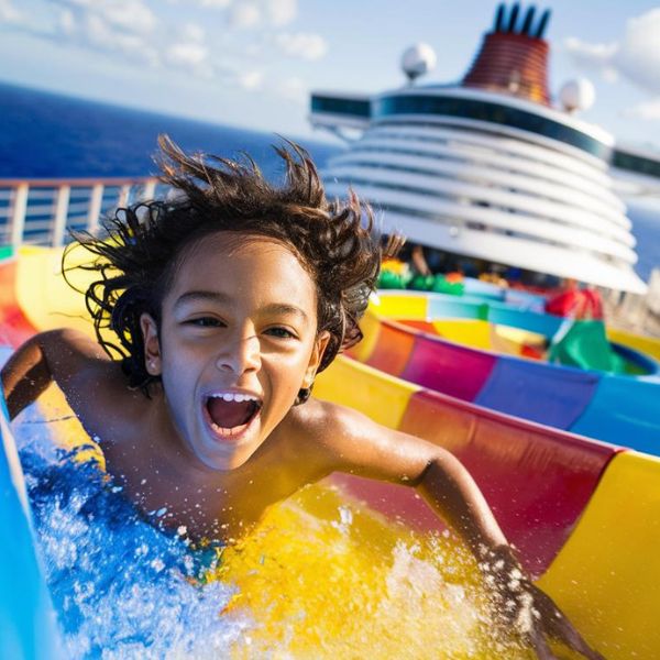 Boy having fun on a cruise ship water slide