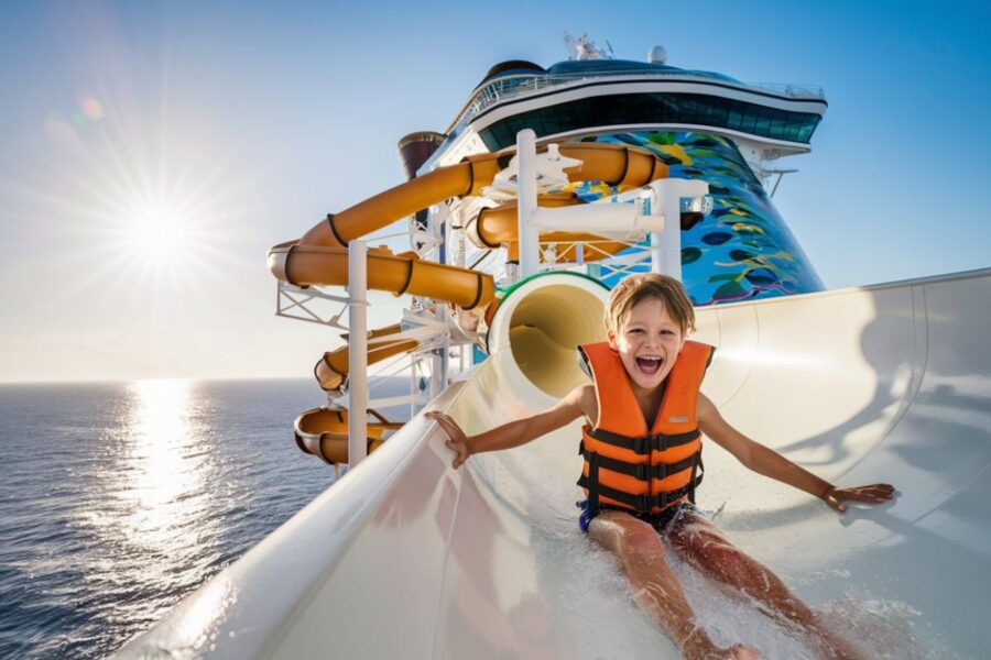 Boy in the Water Park on a slide on a Carnival cruise ship