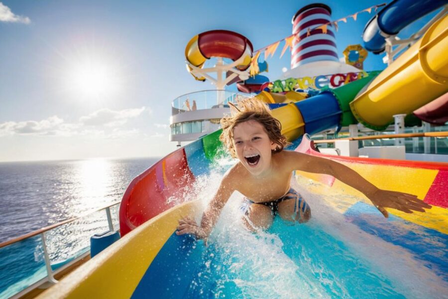 Boy on the Green Thunder water slide on a Carnival cruise ship