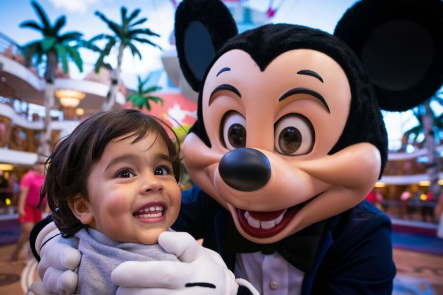 Child being met by mickey mouse on a family cruise ship