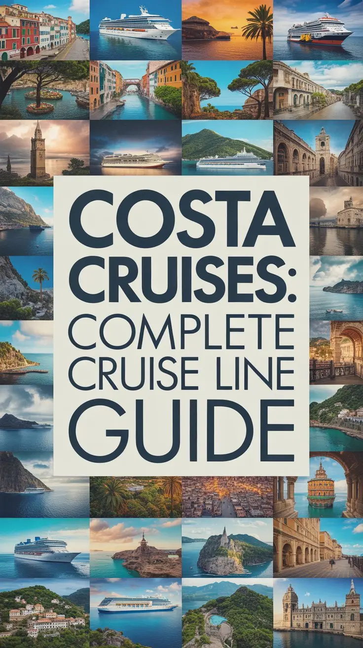 A bold, conceptual advertisement for Costa Cruises features a vibrant, dynamic collage of travel imagery, excluding depictions of cruise ships, to evoke a sense of exploration and discovery. The collage includes sun-drenched Mediterranean villages, lush tropical landscapes, historical landmarks, and diverse cultural scenes, all presented in a high-resolution, hyperrealistic style with saturated colors and crisp detail. Centrally positioned, a large, clean white box showcases the text "Costa Cruises: Complete Cruise Line Guide" in thick, modern, sans-serif lettering, commanding attention and emphasizing the comprehensive nature of the guide. The overall aesthetic is bright, optimistic, and adventurous, designed to inspire wanderlust and position Costa Cruises as the ultimate gateway to global exploration, utilizing a clean and modern design.