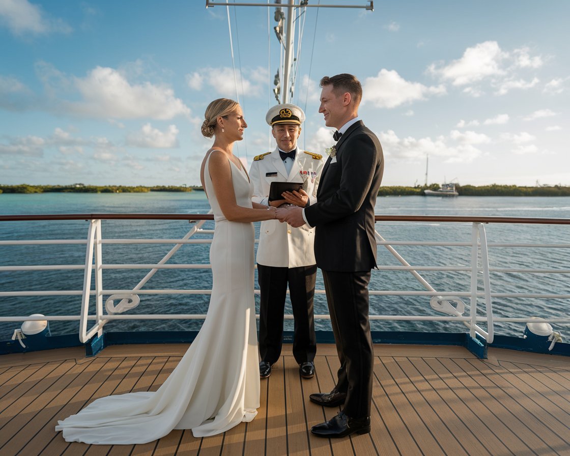 Couple getting married by the captain on a Celebrity cruise ship