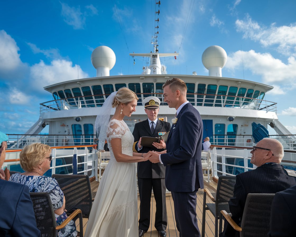 Couple getting married by the captain on a Princess cruise ship