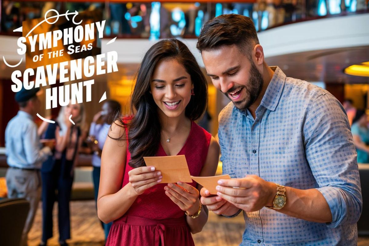 Couple looking at clues on a scavenger hunt on Symphony of the Seas Cruise Ship