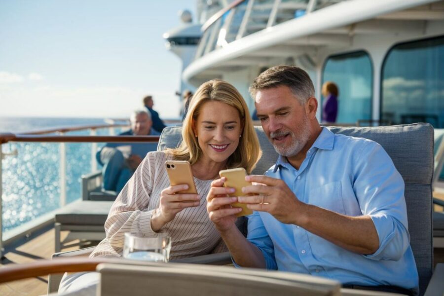 Couple using the onboard cruise app