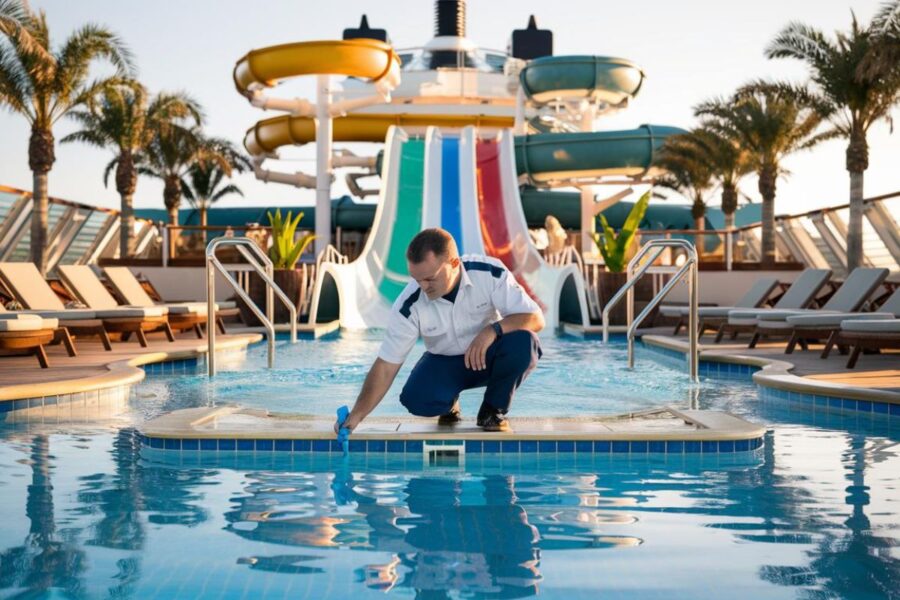 Crew member testing the water quality at the Perfect Storm water slides