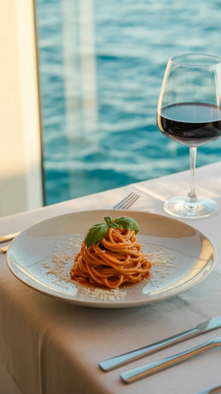 A photograph of a beautifully plated dish of handmade pasta with a rich tomato sauce and fresh basil leaves, presented on a crisp white linen tablecloth aboard a Costa Cruise ship. The pasta is twirled into a neat mound, glistening with olive oil and sprinkled with finely grated Parmesan cheese. A half-empty glass of red wine and a glimpse of the sparkling turquoise ocean through a large panoramic window provide a subtle backdrop. Warm, diffused natural light illuminates the scene, creating a cozy and inviting atmosphere.