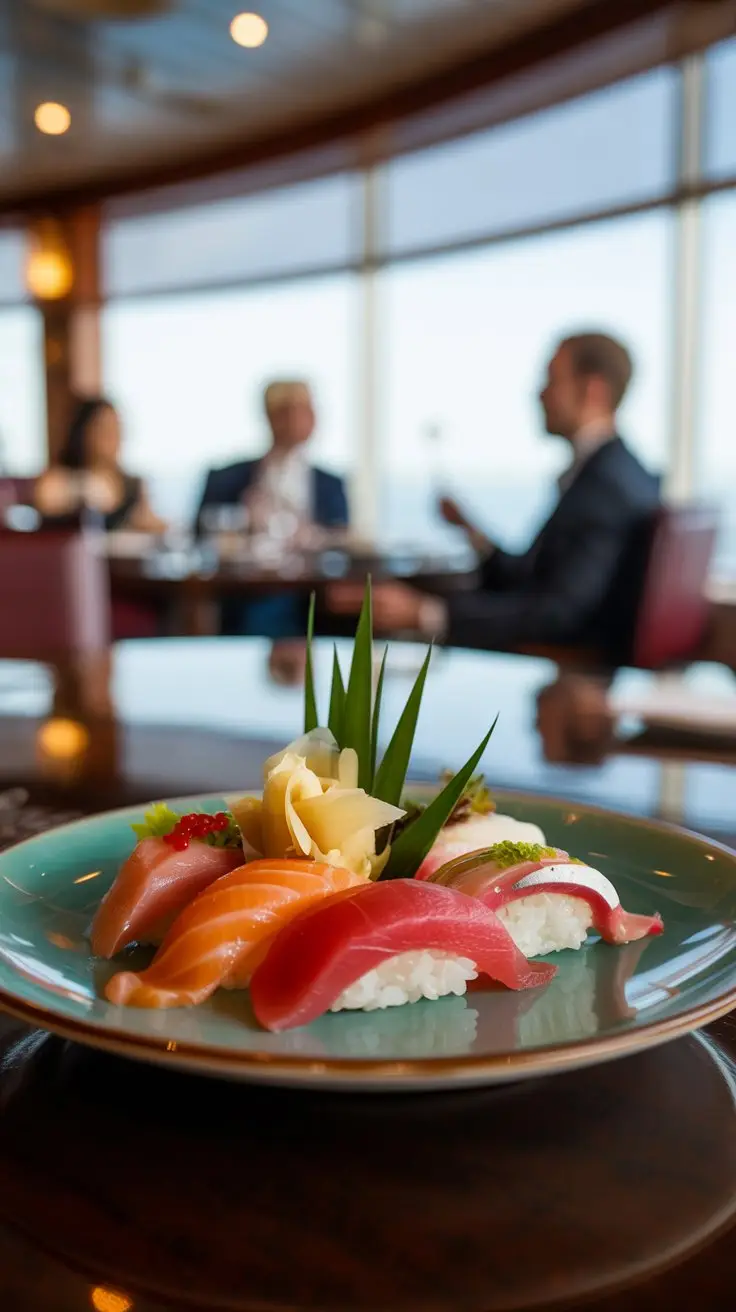 A photograph of a beautifully presented plate of authentic Japanese sushi in a high-end cruise ship restaurant. The sushi features vibrant cuts of salmon, tuna, and yellowtail artfully arranged around a mound of perfectly formed white rice, garnished with pickled ginger and a sprig of bright green wasabi. Soft, warm light filters in from a large panoramic window behind the table, reflecting off the polished dark wood of the restaurant’s surface, highlighting the clean lines of the modern tableware. In the blurred background, elegantly dressed diners can be seen enjoying their meals, creating a sophisticated and exclusive ambiance.