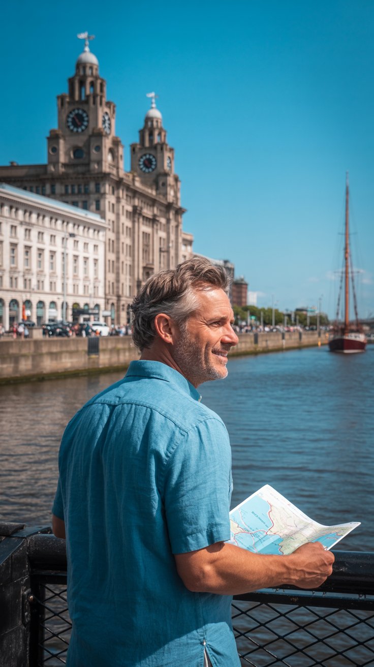 A photograph of a casually dressed, middle-aged tourist standing on the iconic Liverpool waterfront. The tourist, a man with salt-and-pepper hair and a blue linen shirt, gazes out at the Mersey River with a relaxed smile, holding a map in his right hand. Behind him stands the grand Royal Liver Building with its distinctive clock towers and ornate architecture, all bathed in the warm glow of a bright sunny day. The scene is framed by the bustling waterfront promenade and a few distant sailboats gliding across the water.