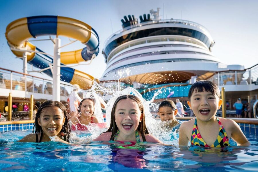 Kids in a pool with a Cruise ship water slide