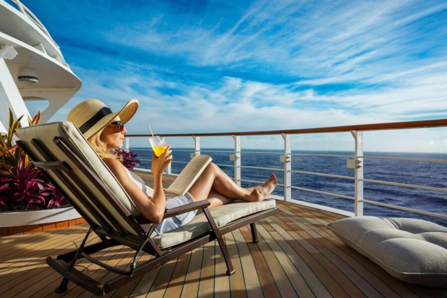 Lady on a deck chair in a quiet spot on a cruise ship