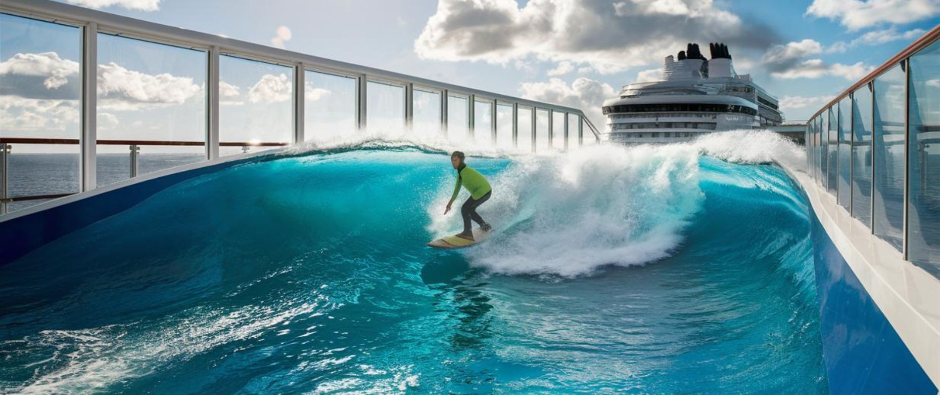 Lady surfing on a FlowRider surf simulator on Allure of the Seas