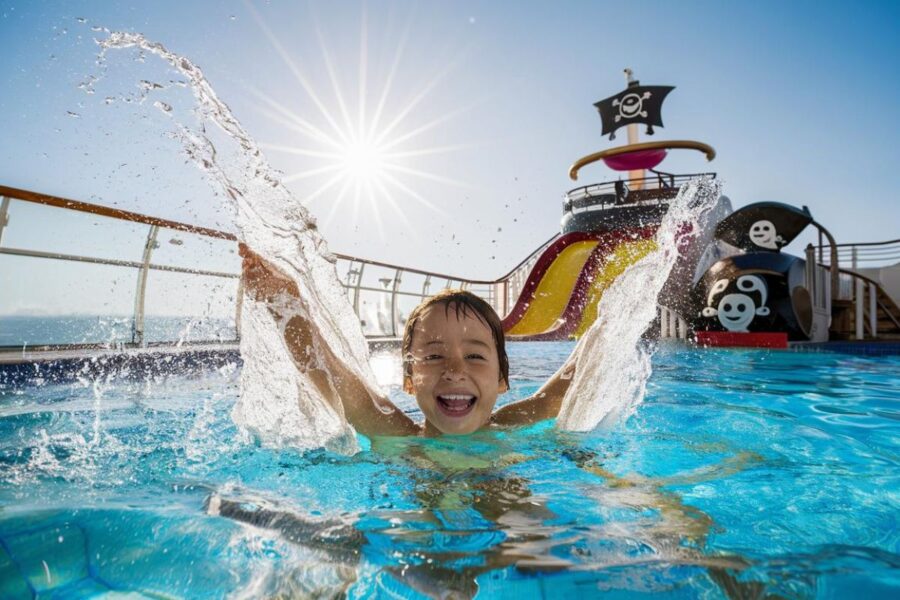 Little boy in Pirates Cove Water park on MSC cruise ship