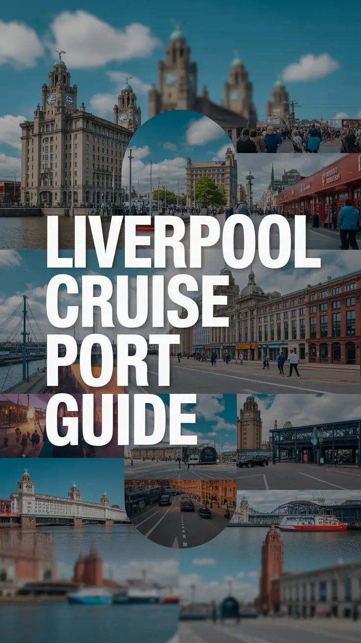 A vibrant travel advertisement showcasing "Liverpool Cruise Port Guide" as a visually engaging collage, emphasizing the city's rich cultural heritage and convenient cruise access. The background features a dynamic arrangement of images – the iconic Liver Building, historic waterfront architecture, bustling Albert Dock, and glimpses of the city’s vibrant street life – all bathed in the warm glow of a bright sunny day. Bold, white text reading "Liverpool Cruise Port Guide" is precisely aligned to the left, seamlessly integrated without distracting from the visual story, while subtle, blurred depth-of-field effects focus the viewer's attention on the collage's overall impression. The overall aesthetic is energetic and inviting, conveying a sense of adventure and ease for cruise travelers, creating a visually compelling and informative advertisement.