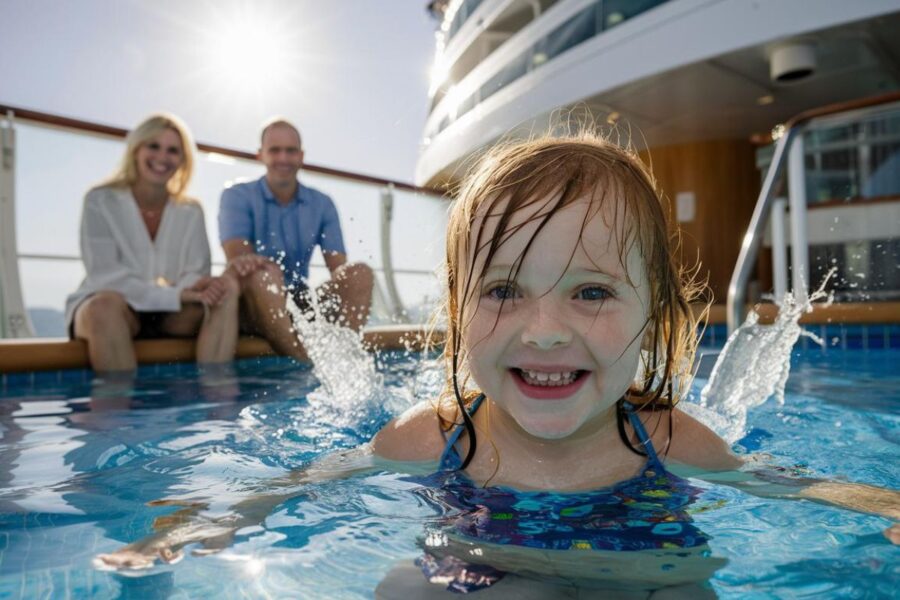 Mom and Dad watching thier daughter in the pool on a family cruise ship