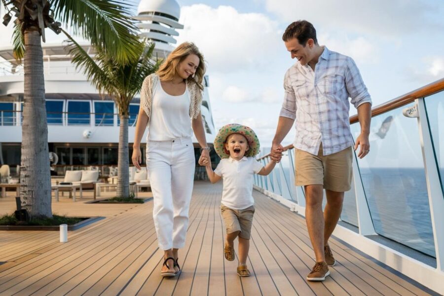 Mum and dad with child walking on a family cruise ship
