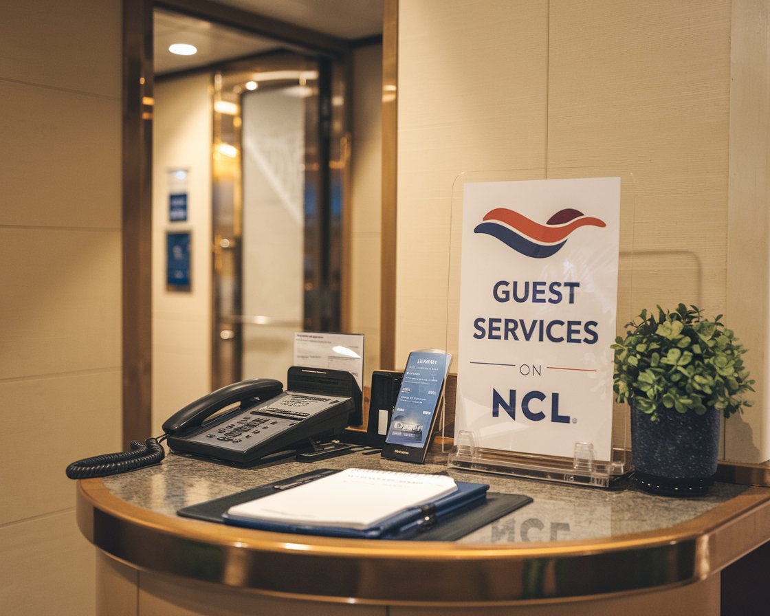 Sign on pursers desk Guest Services on NCL