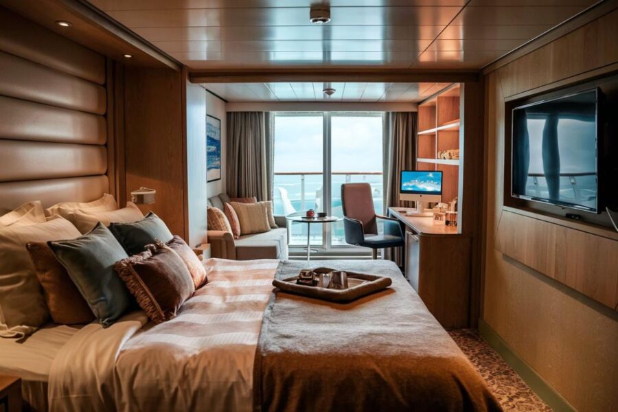 Stateroom cabin with queen bed, tv and a desk on a cruise ship on the Symphony of the Seas cruise ship