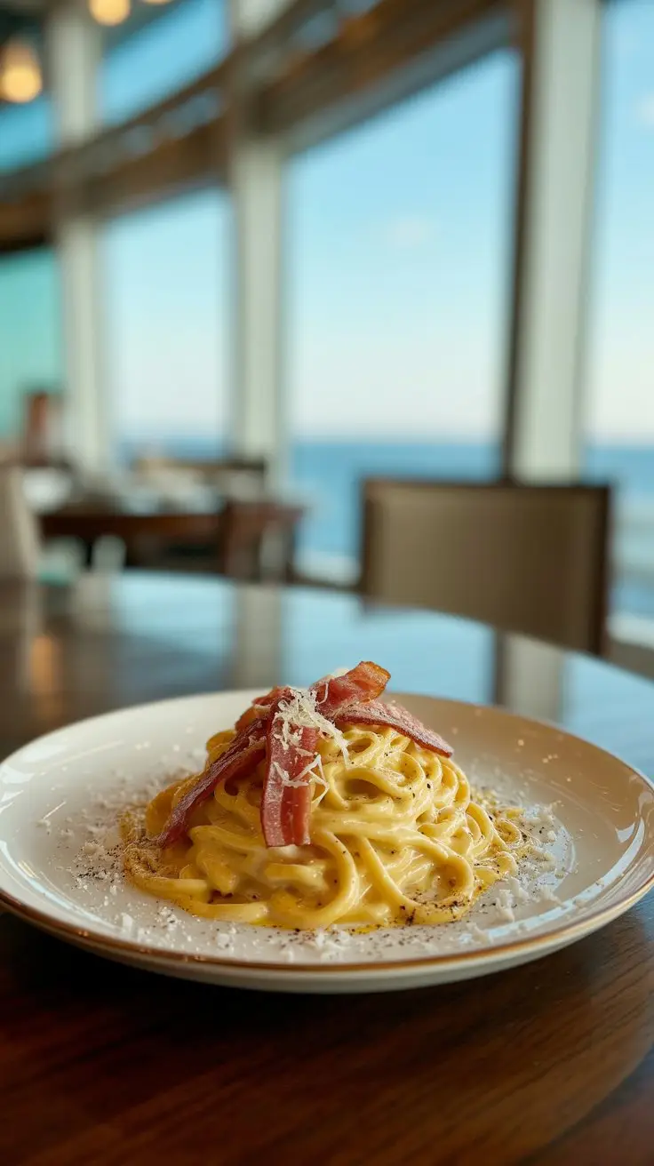 A photograph of a beautifully plated dish of pasta carbonara presented on a white porcelain plate. The creamy sauce glistens under the warm lights, adorned with crispy pancetta, freshly grated parmesan cheese, and a sprinkle of black pepper. The plate rests on a dark wood table within a luxurious dining room on a Costa Cruise ship, with blurred glimpses of the ocean visible through large panoramic windows. Soft, diffused lighting creates a sense of warmth and elegance, highlighting the textures of the food.