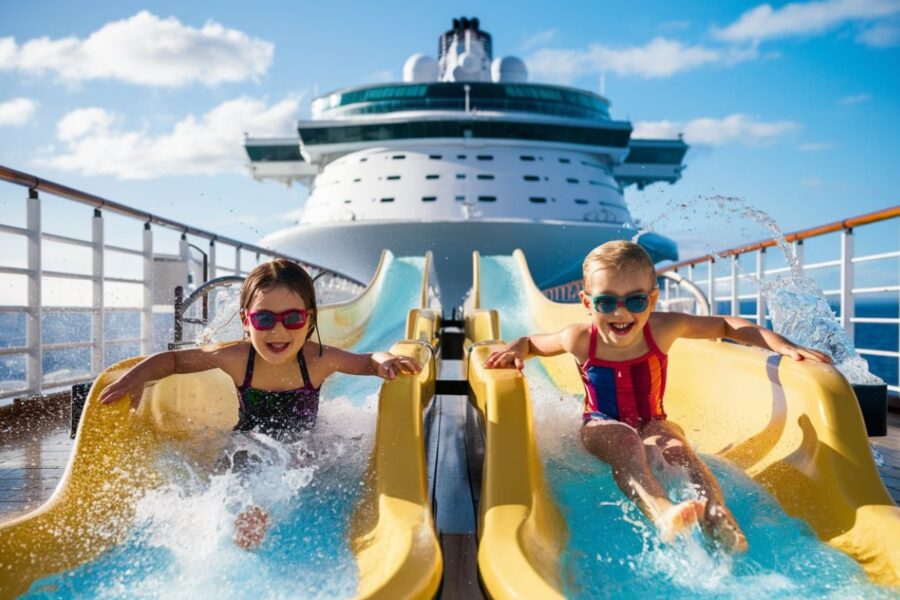 Two girls on the Mini Racer water slide on a Carnival cruise ship