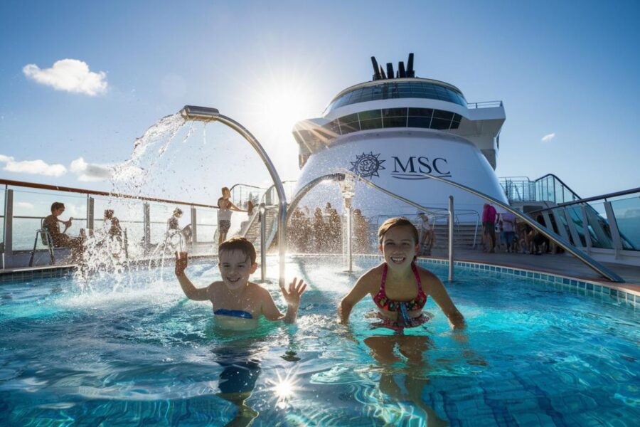 Two kids in the swimming pool Water Park on MSC cruise ship