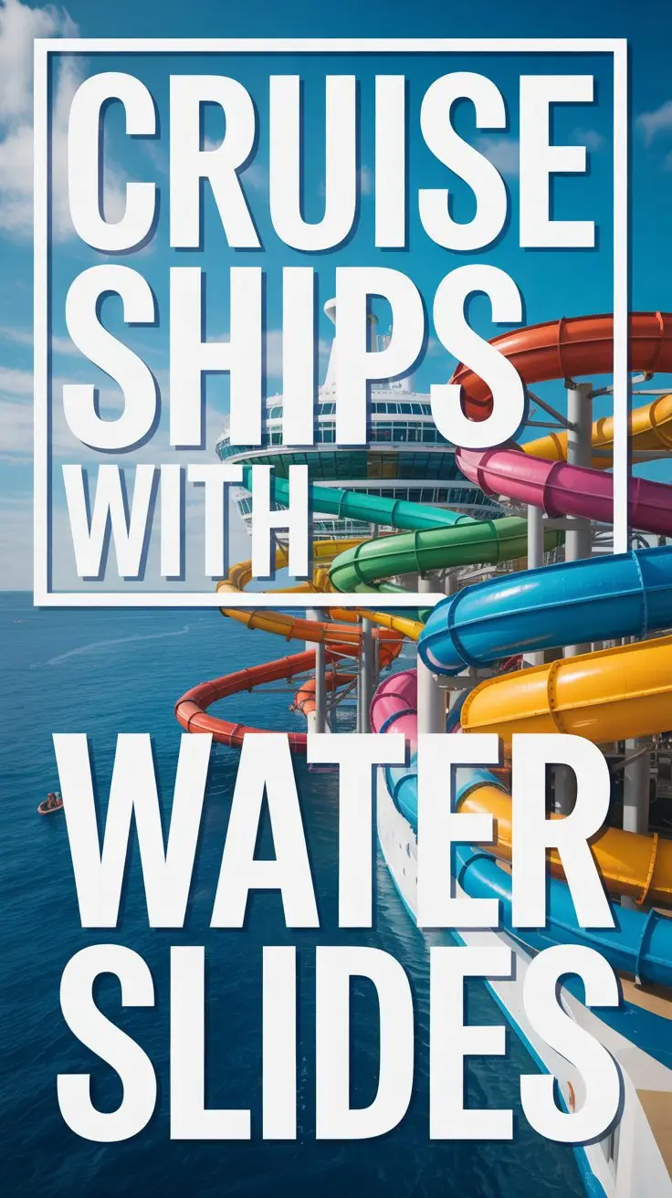 A vibrant, dynamic collage advertisement designed to capture the excitement of cruise vacations, focusing on exhilarating water slides rather than a ship itself. The central element is a collection of professionally-shot images showcasing a variety of colorful water slides – twisting, spiraling, and dropping – set against turquoise ocean backdrops and sunny skies, employing a playful and energetic visual style. Bold, white text in a thick, distinctive font reads " Cruise Ships with Water Slides" enclosed within a clean, rectangular box positioned prominently in the top left corner, ensuring immediate viewer attention. The overall aesthetic is bright, fun, and modern, emphasizing the thrill and recreation aspect of a cruise experience with a feeling of carefree summer adventure.