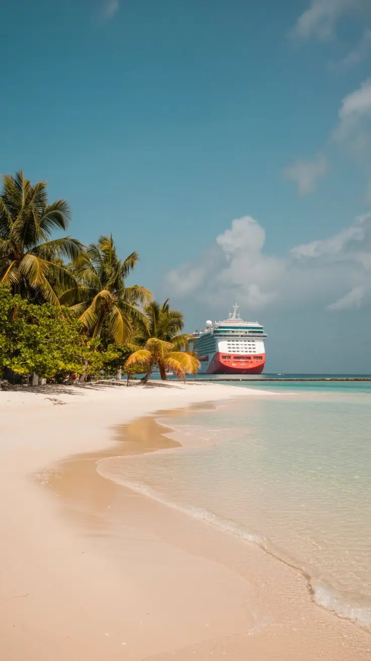A photograph of a pristine, white-sand Caribbean beach gently sloping towards turquoise water. A vibrant red and white cruise ship is visible in the distance, partially obscured by a light haze, creating a sense of scale and depth. The beach is fringed with lush green palm trees swaying gently in the breeze, while the sky is a clear azure blue with a few fluffy white clouds. Warm, natural sunlight bathes the scene, casting soft shadows and highlighting the brilliant colors of the sand and water.