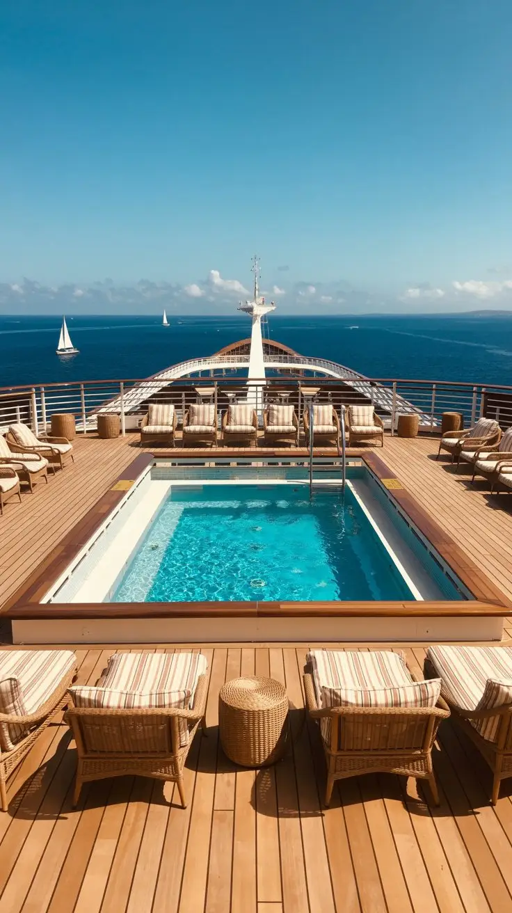 A photograph of a spacious deck area aboard a Costa Cruise Ship featuring a sparkling turquoise swimming pool as the central focus. The pool is surrounded by comfortable lounge chairs with plush, striped cushions, and a gleaming teak wood deck reflecting the bright sunlight. In the background, the vast expanse of the clear blue ocean stretches out to the horizon, dotted with a few distant white sailboats and the ship's elegant silhouette. Warm, sunny lighting illuminates the scene, creating a feeling of relaxation and luxury.