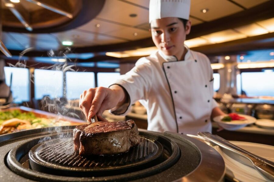 chef cooking a steak on the hot plate for a person in the buffet restaurant Symphony Of The Seas cruise ship