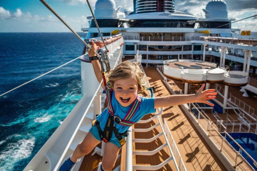 child on a zip line over the deck of a the Symphony of the Seas cruise ship