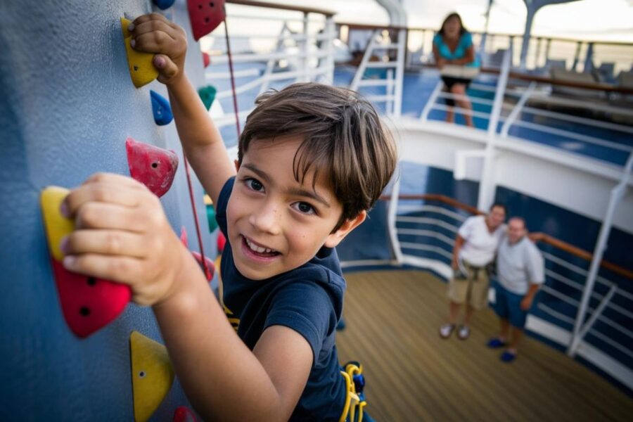 close up of a Boy on rock climbing wall with hand holds on a cruise ship with parents in the background on Symphony of the Seas cruise ship